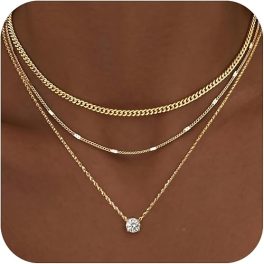 WomenGifts Layered Gold Necklaces for Women, 14K Gold Sterling Silver Plated Dainty Pendant Necklace Set Non Tarnish, Chunky Stackable Cuban Chain Choker, Trendy Personalized Birthstone Jewelry Gift for Mom