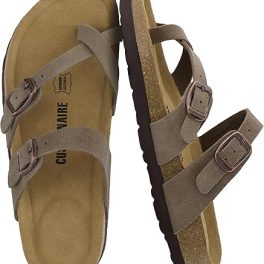 CUSHIONAIRE Lucky 100% Genuine Leather Suede Womens Sandals, Comfortable Cork Footbed Slides for Women with Adjustable Buckles